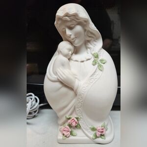 White Ceramic Madonna and Baby Plug In Night Light Lamp